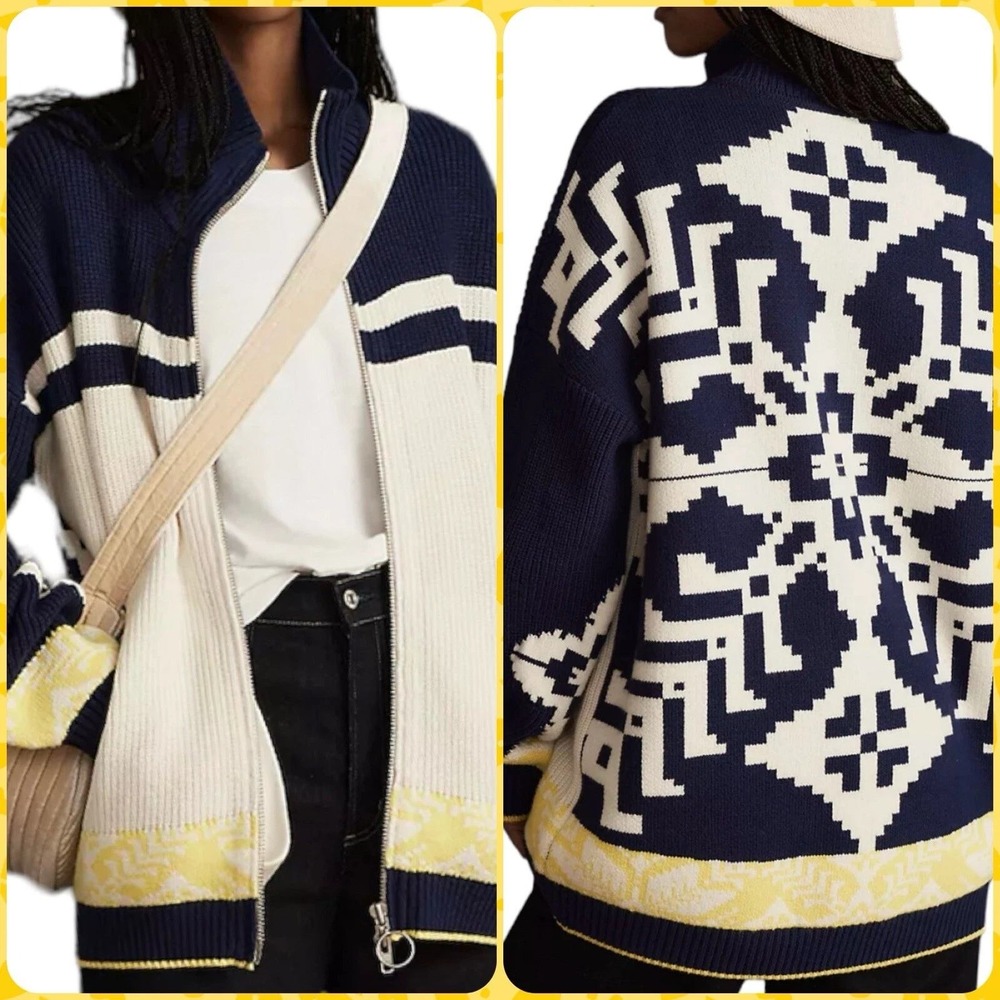 Anthropologie Maeve Blue Striped‎ Aztec Fair Isle Zip Cardigan Sweater L